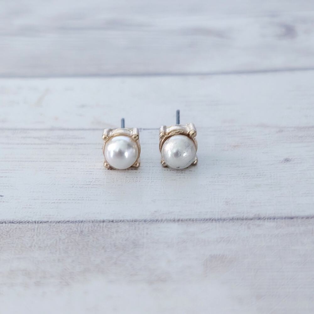 Vintage Stud Earrings - Faux Pearl with Square Gold Tone Halo 0.25"